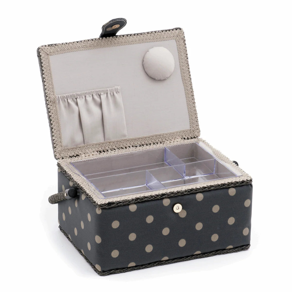 Charcoal Polka Dot Sewing Box - Medium (Matt PVC) - Image 3