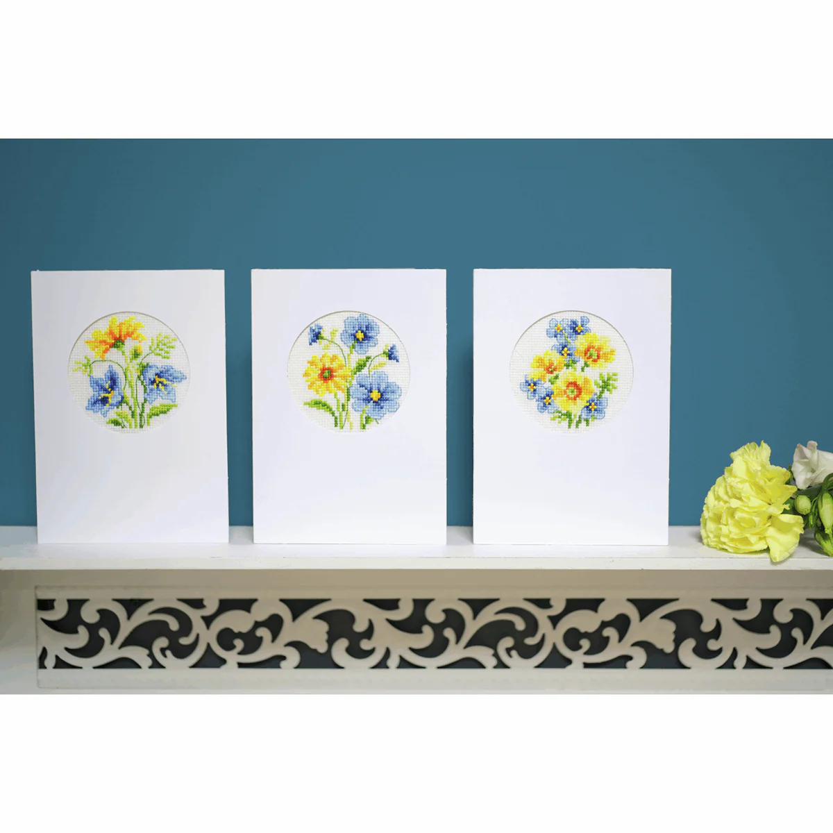 Counted Cross Stitch Card Kit - Blue & Yellow Flowers (Set of 3) - Image 2