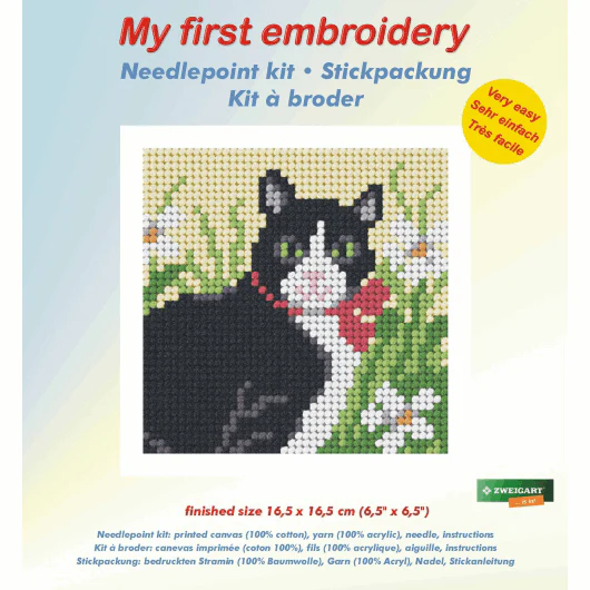 My First Embroidery Needlepoint Kit - Black & White Cat - Image 2