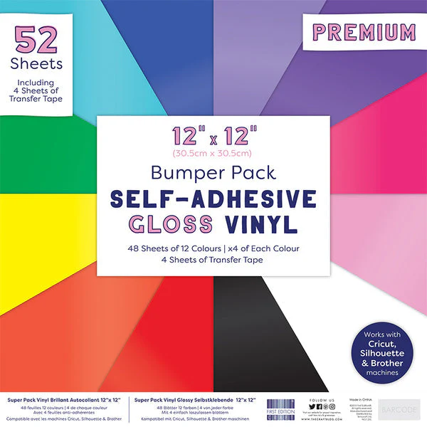 12x12 Bumper Pack * Gloss * Adhesive Vinyl - 48 sheets of Gloss (12 colours) with 4 Transfer Tape Sheets