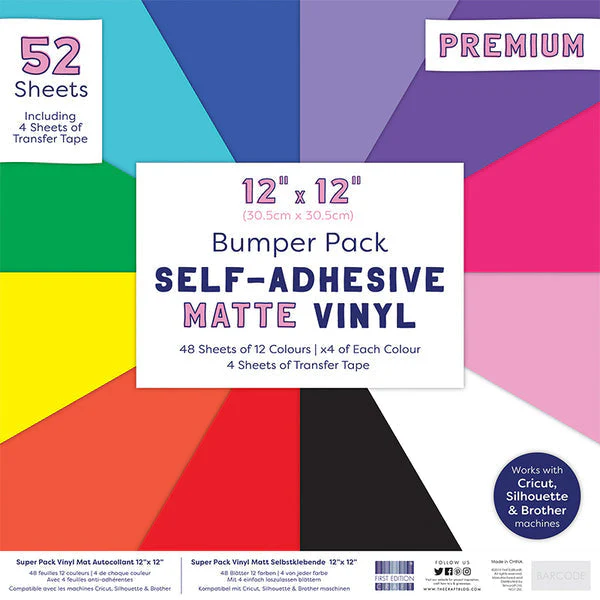 Cricut Compatible 12x12 Bumper Pack * Matte * Adhesive Vinyl - 48 sheets of Matte (12 colours) with 4 Transfer Tape Sheets - Image 3