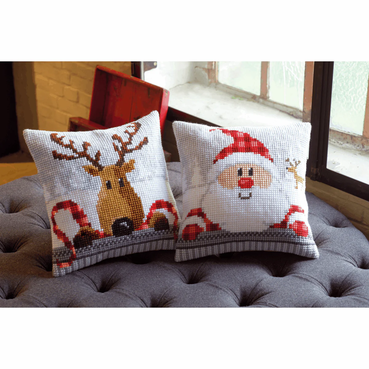 Cross Stitch Cushion Kit - Santa in a Plaid Hat - Image 2