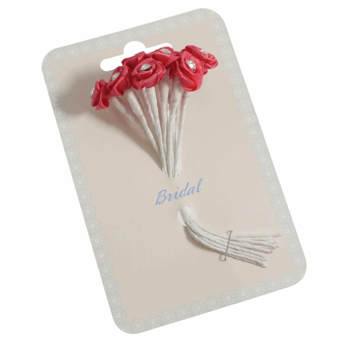 Dark Coral Ribbon Rose Flower Stems with Diamante - 13mm (Pack of 12 Stems)