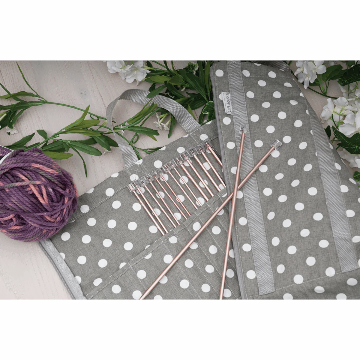 Deluxe Knitting Bag with Pin Storage (Reversible) - Grey Polka Dot - Image 4