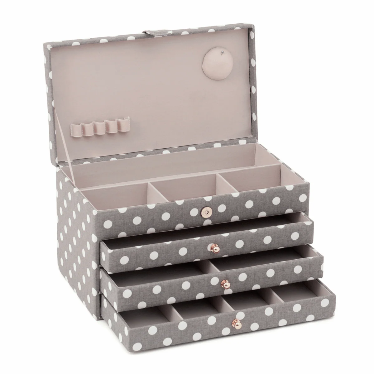 Grey Linen Polka Dot Sewing Box - 3 Drawers XLarge - Image 2