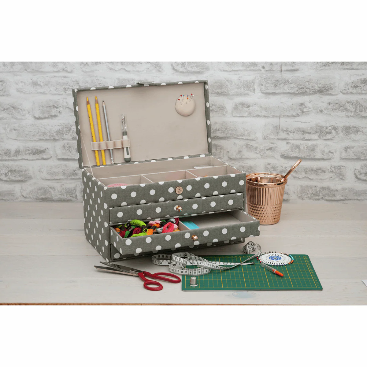 Grey Linen Polka Dot Sewing Box - 3 Drawers XLarge - Image 3