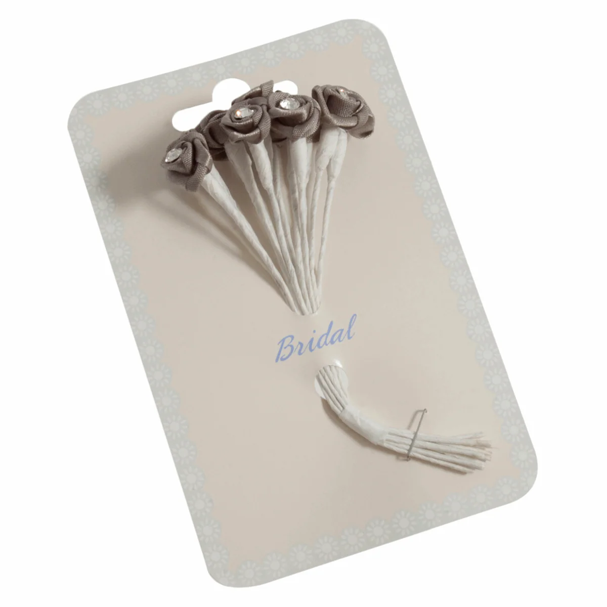 Grey Ribbon Rose Flower Stems with Diamante - 13mm (Pack of 12 Stems)