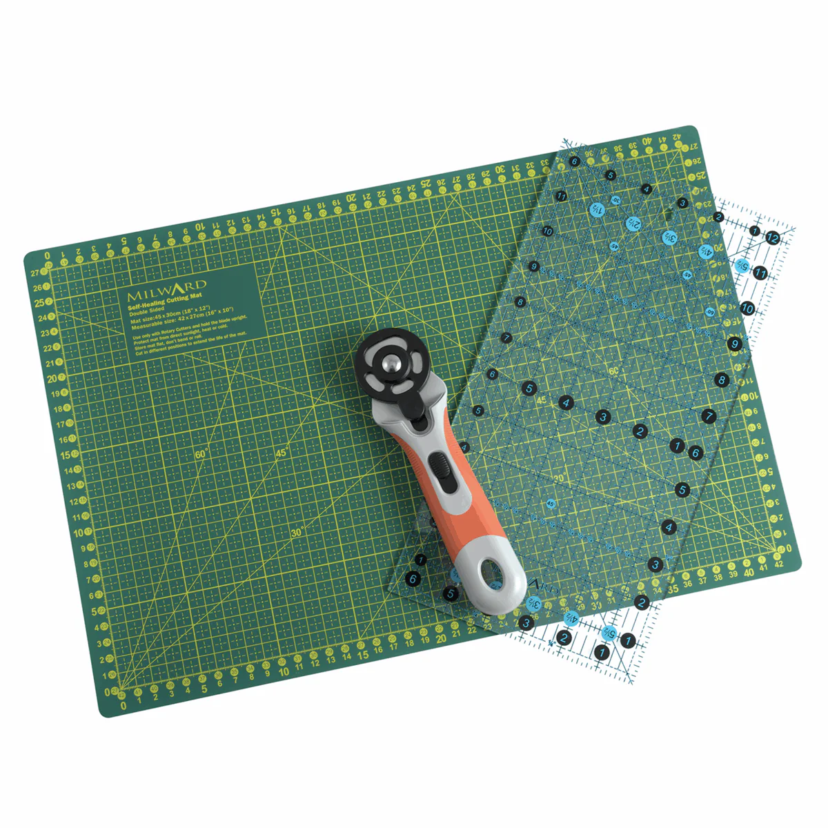 Milward Patchwork Starter Kit self-healing cutting mat, 45mm rotary cutter and patchwork ruler