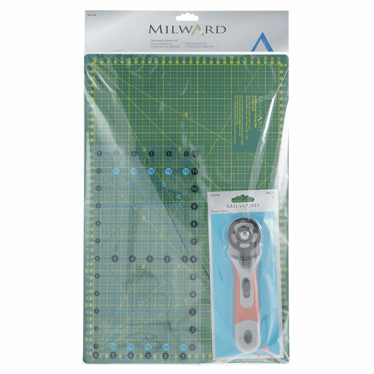 Milward Patchwork Starter Kit self-healing cutting mat, 45mm rotary cutter and patchwork ruler - Image 2