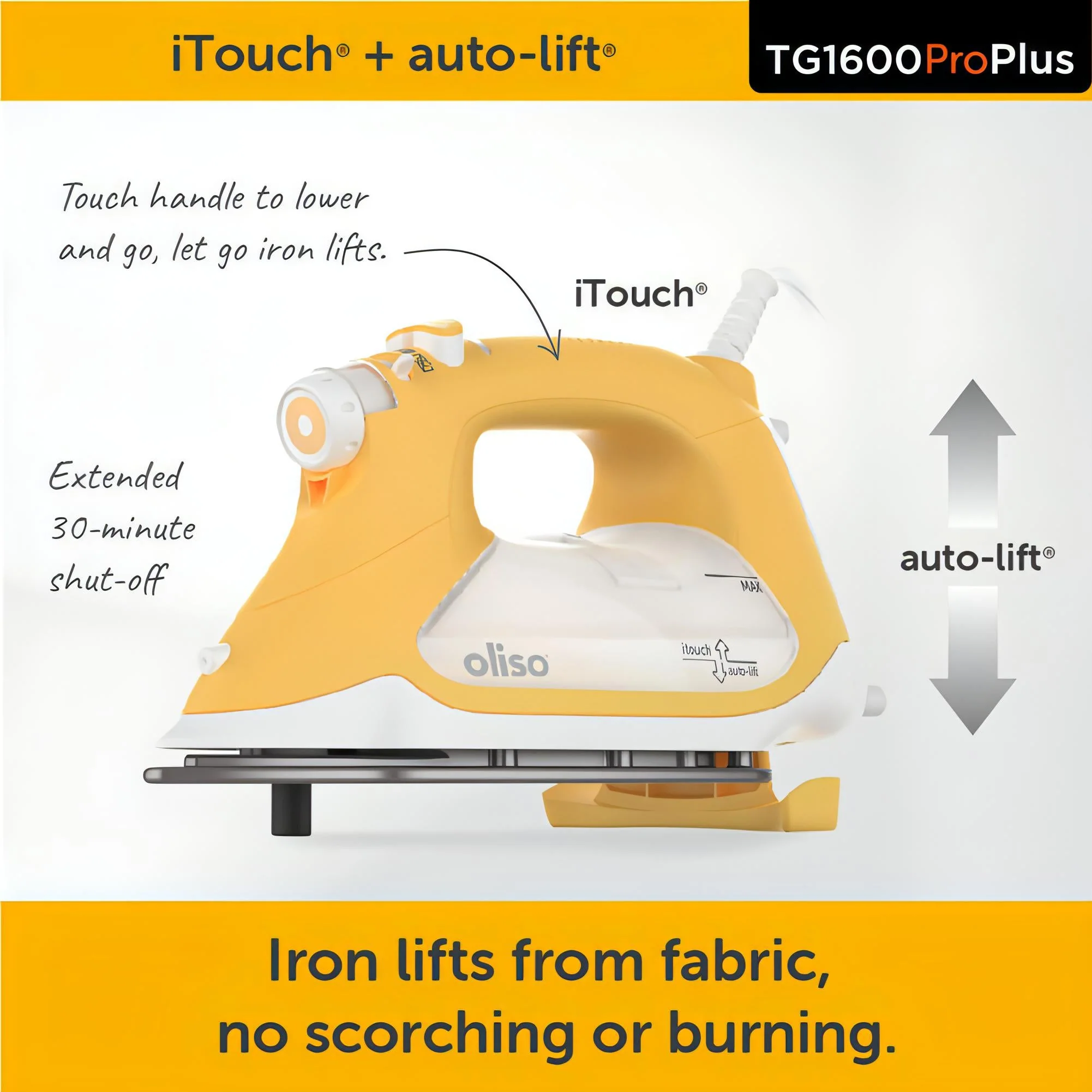 Oliso ProPlus Auto-lift Smart Iron TG1600 pro plus ** new model now with Free MINI pressing board exclusive to Singer Sewing Outlet ** - For general ironing, plus features for quilters and sewists - Image 8