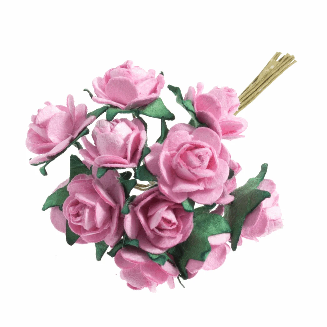 Pink Rose Paper Flowers - 14mm (Pack of 12 Stems)