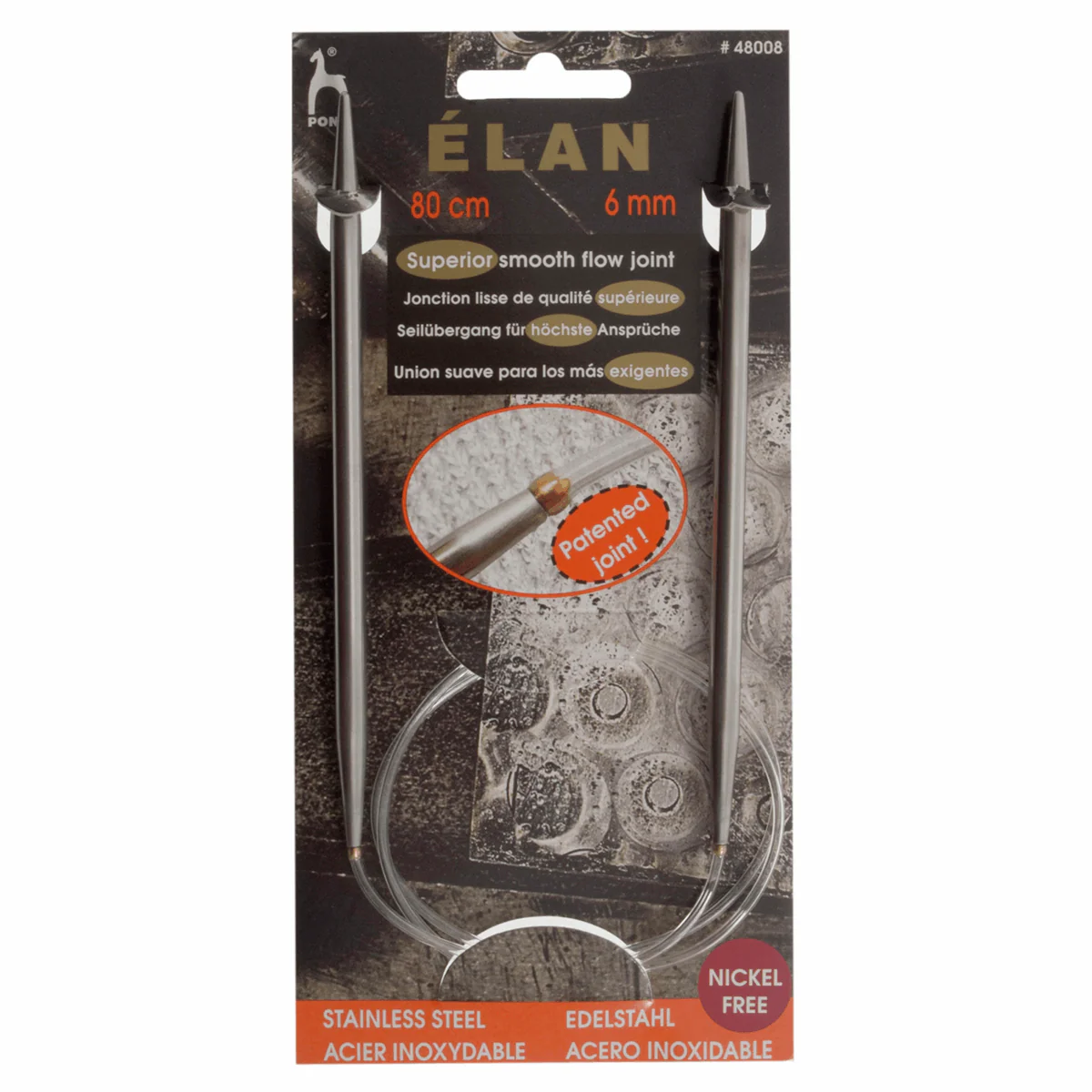 PONY 'Elan' Circular Fixed Stainless Steel Knitting Pins - 80cm x 6.00mm