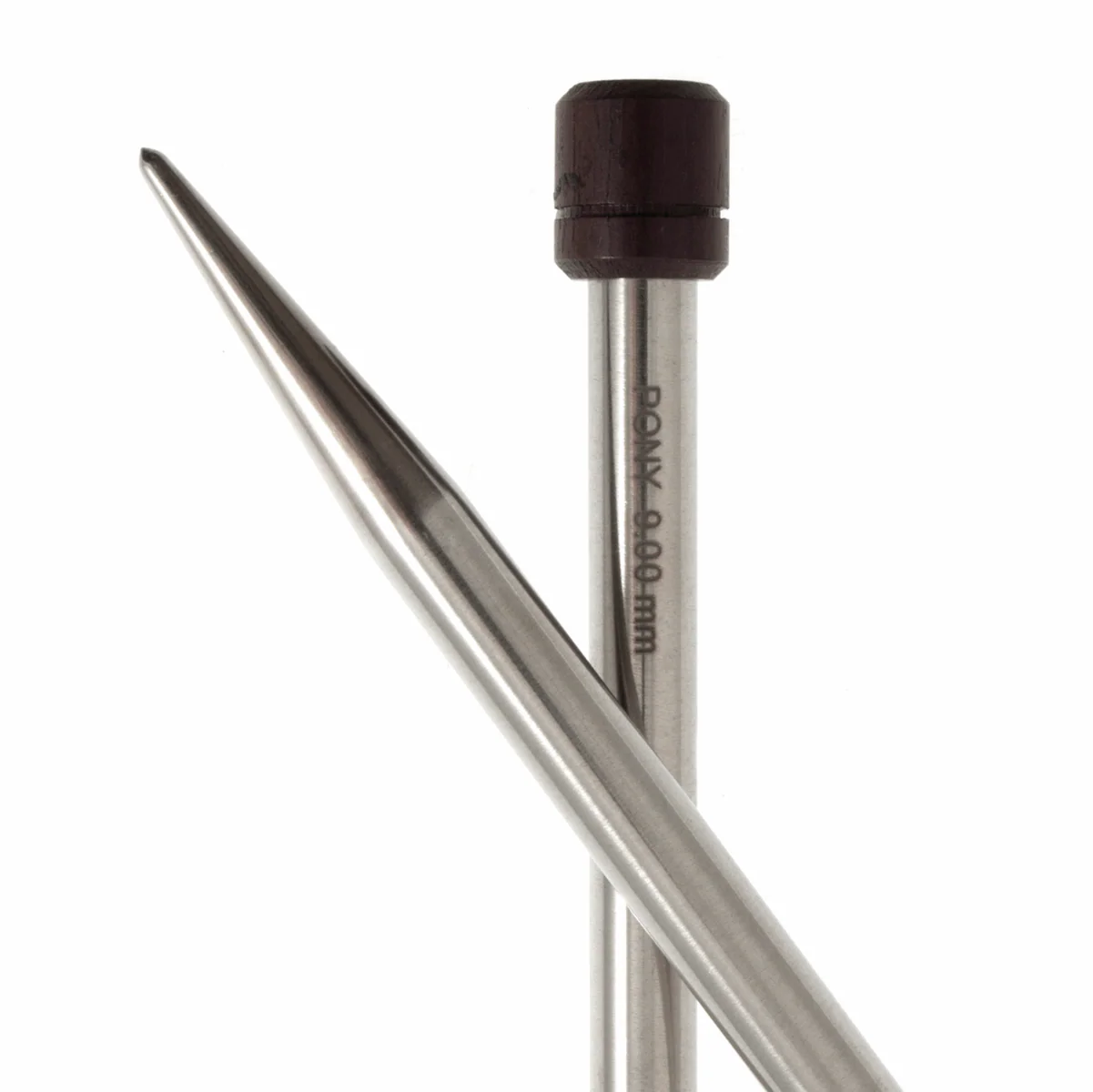 PONY 'Elan' Single-Ended Stainless Steel Knitting Pins with Rosewood Knob - 35cm x 9.00mm - Image 2