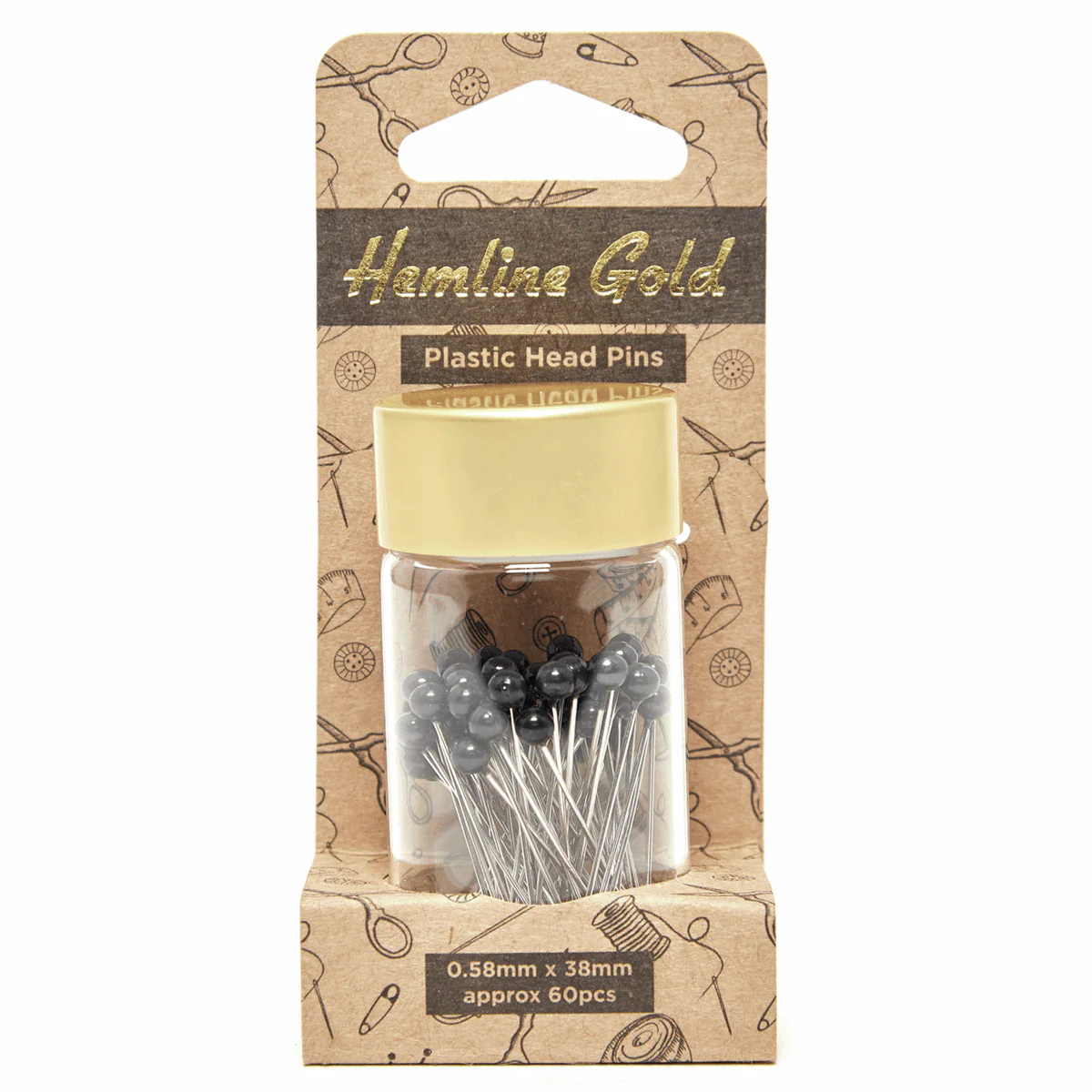 Hemline Gold 75-Pack Nickel Pins - Black Head, 38mm
