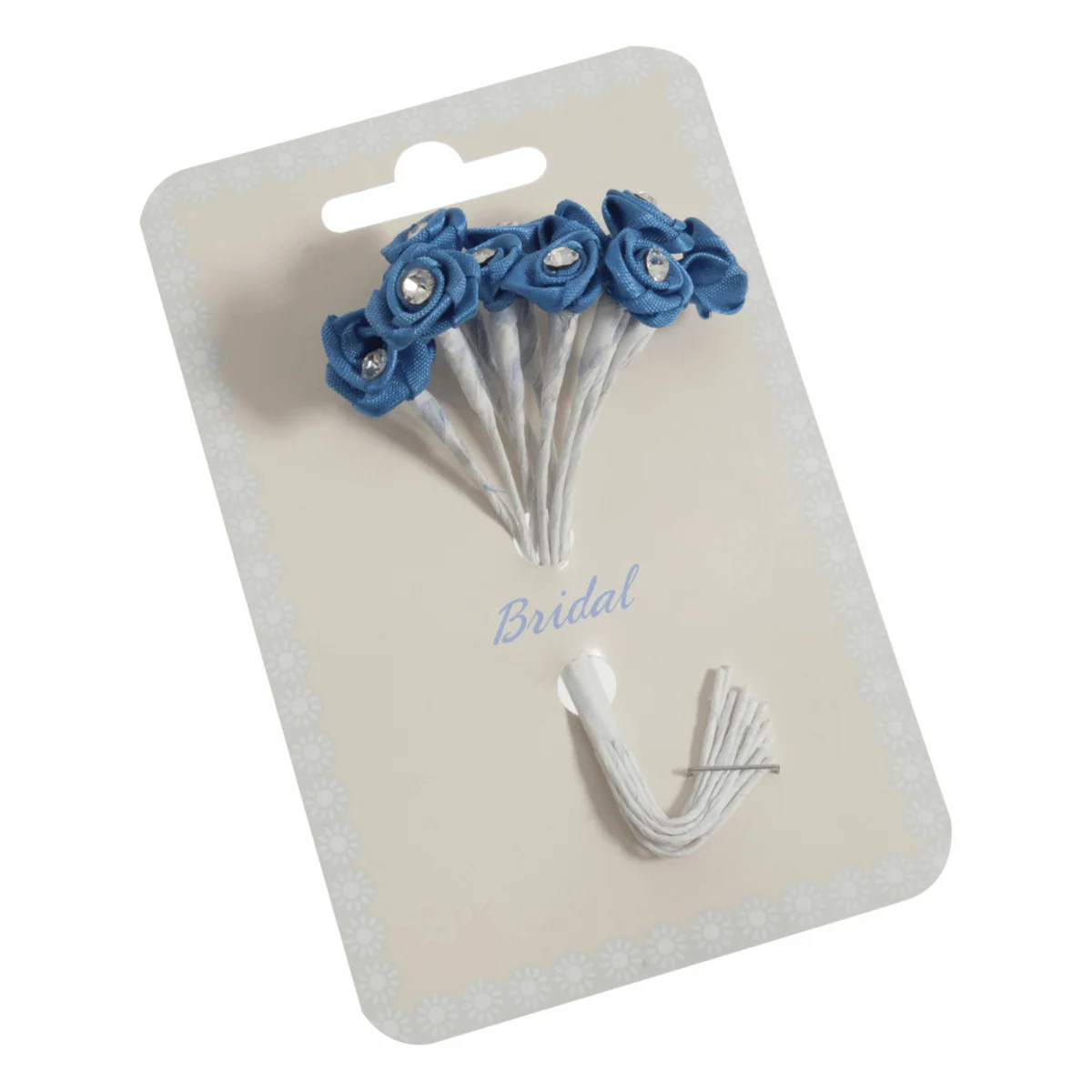 Royal Blue Ribbon Rose Flower Stems with Diamante - 13mm (Pack of 12 Stems)