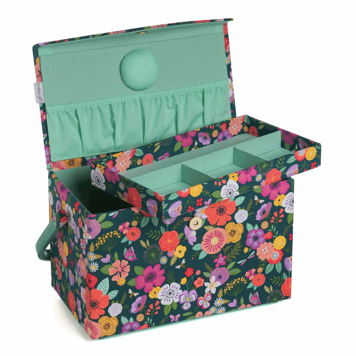 Teal Floral Garden Sewing Box with Fold Over Lid - Medium - Image 2