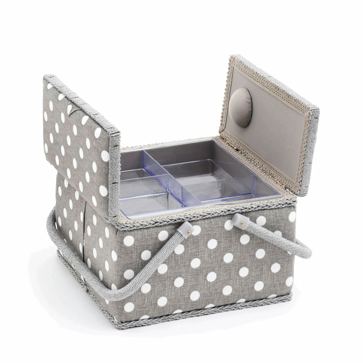 Grey Linen Polka Dot Sewing Box with Twin Lid - Large Square - Image 3