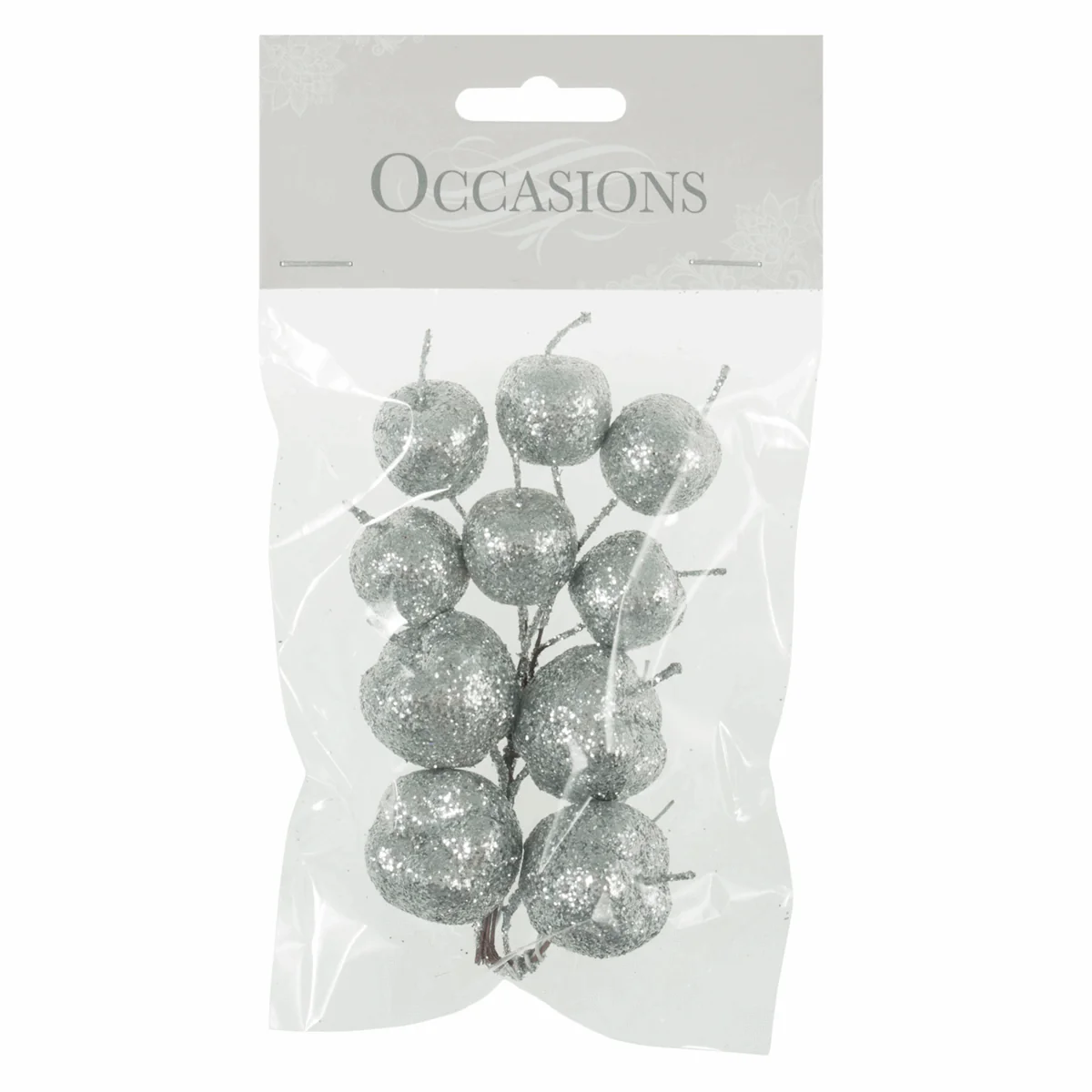 Silver Glitter Apples on Wire (Pack of 10 Stems) - Image 2