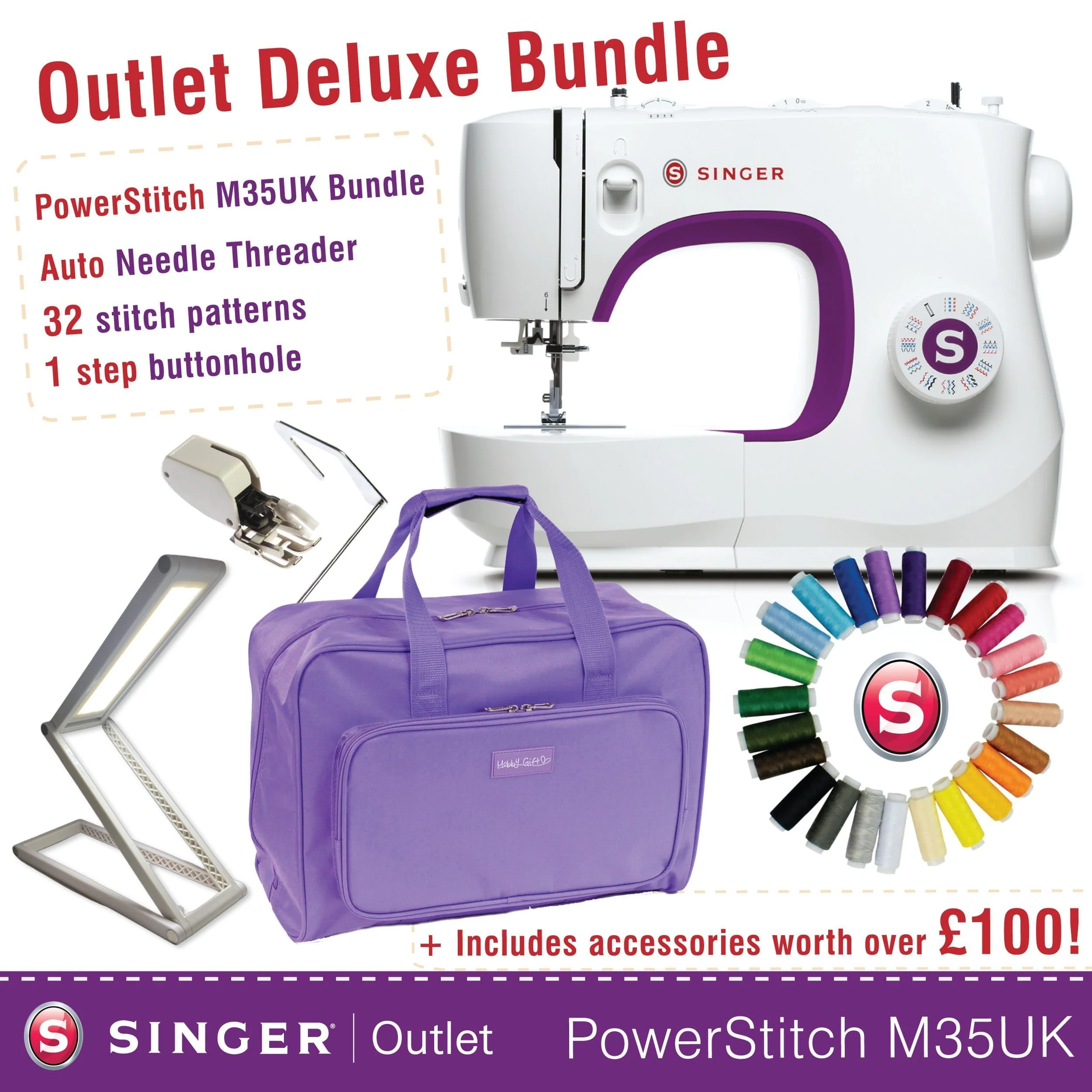 Deluxe Bundle with Singer M35 Luxury Sewing Machine Bag, 24 x thread set, LED lamp, Walking Foot for heavy fabrics * save over £100 * - 2026 model