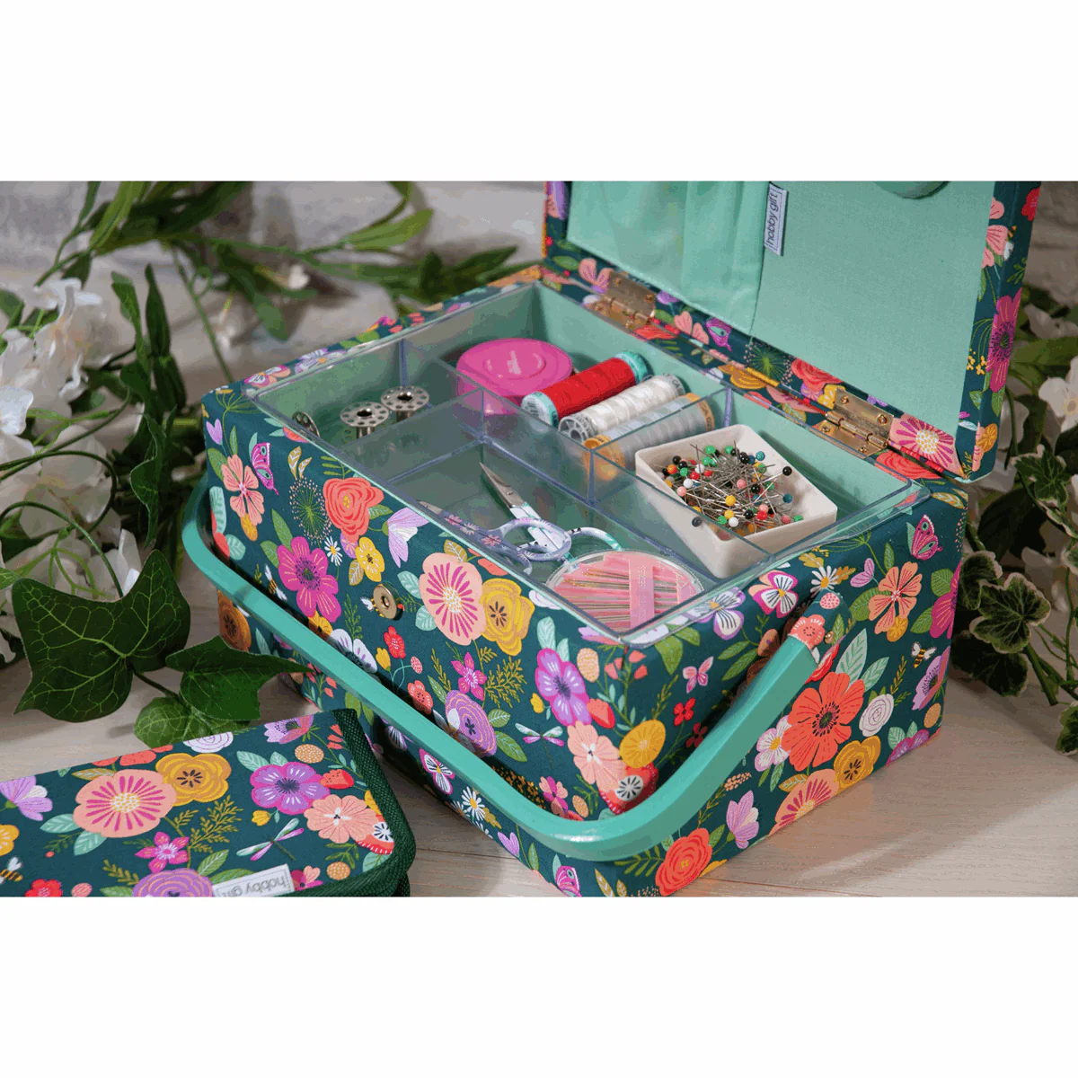 Teal Floral Garden Sewing Box - Medium - Image 3