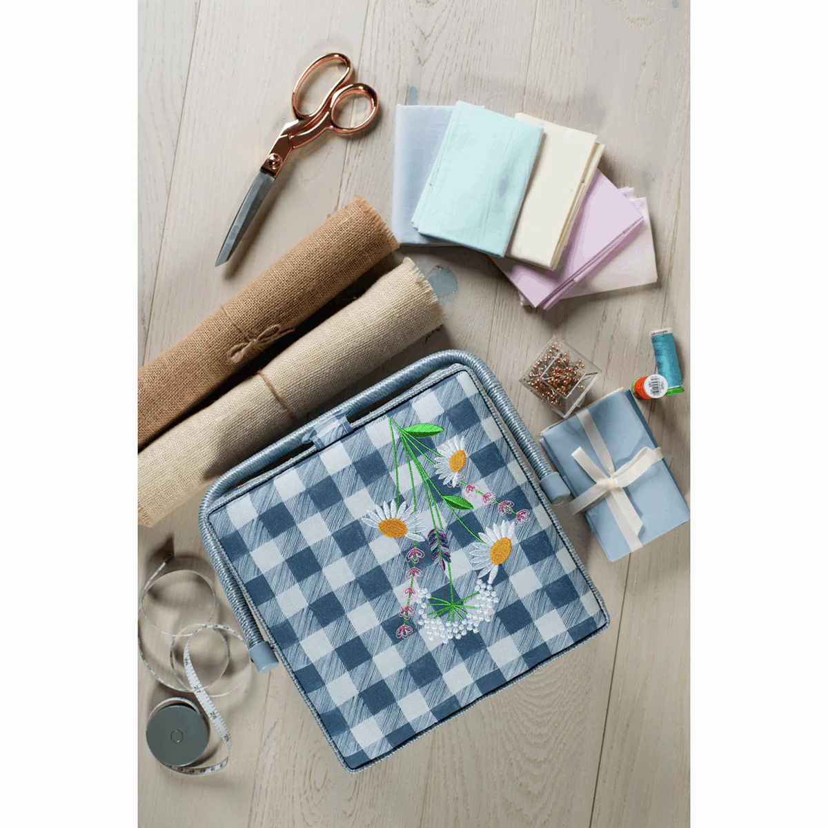 Wild Floral Plaid Square Embroidered Lid Sewing Box - Medium - Image 4